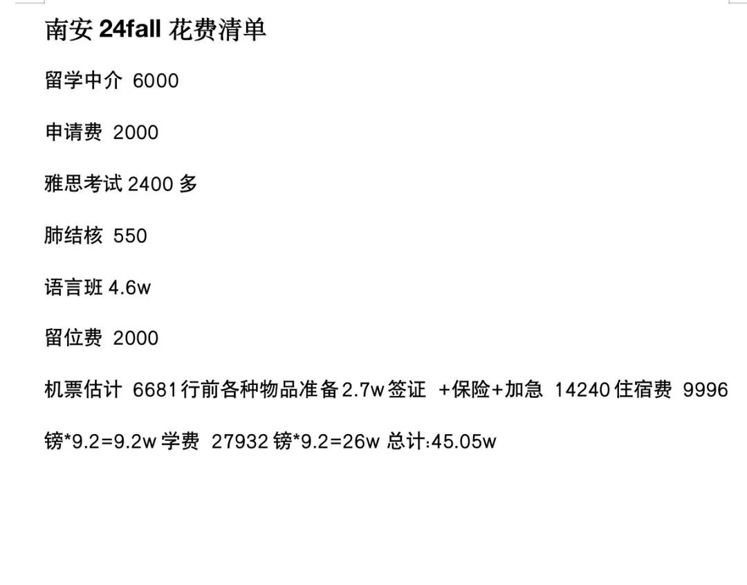 南安留学，预估留学费用，差不多45w～