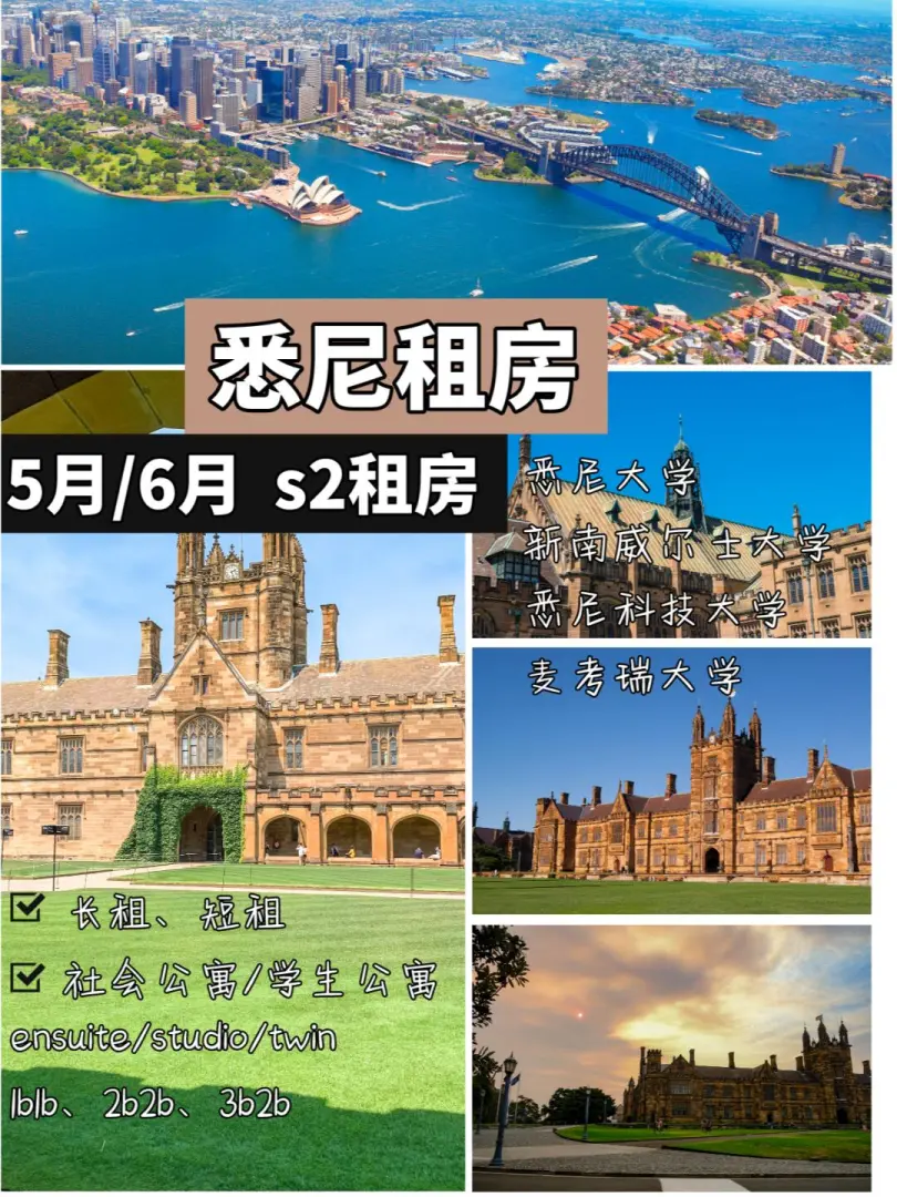 悉尼大学,新南威尔士大学,悉尼科技大学,麦考瑞大学,西悉尼大学,悉尼租房,悉尼学生公寓,悉尼短租,悉尼社会公寓