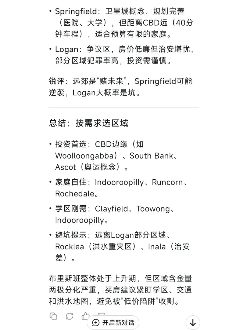 當我問deepseek布里斯班住哪裡有含金量？