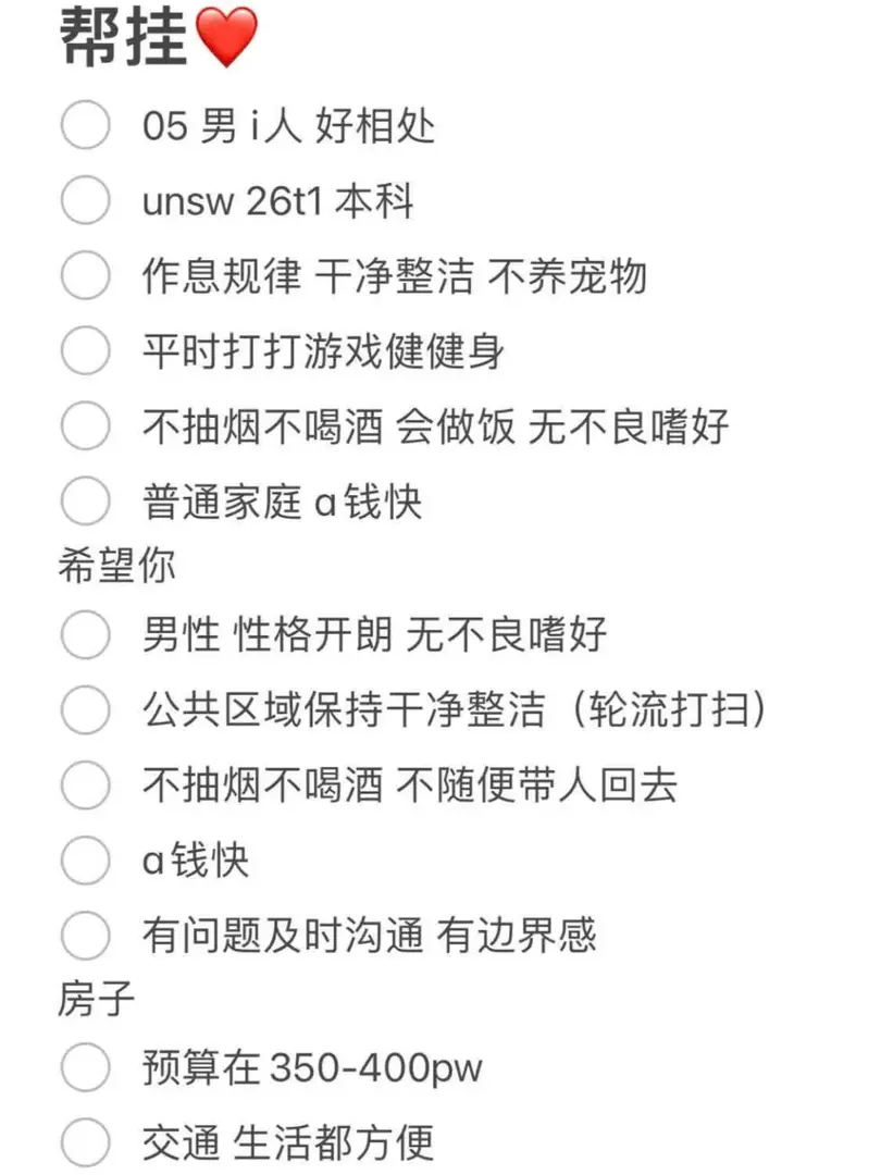 雪梨26t1unsw找室友的看過來啦！