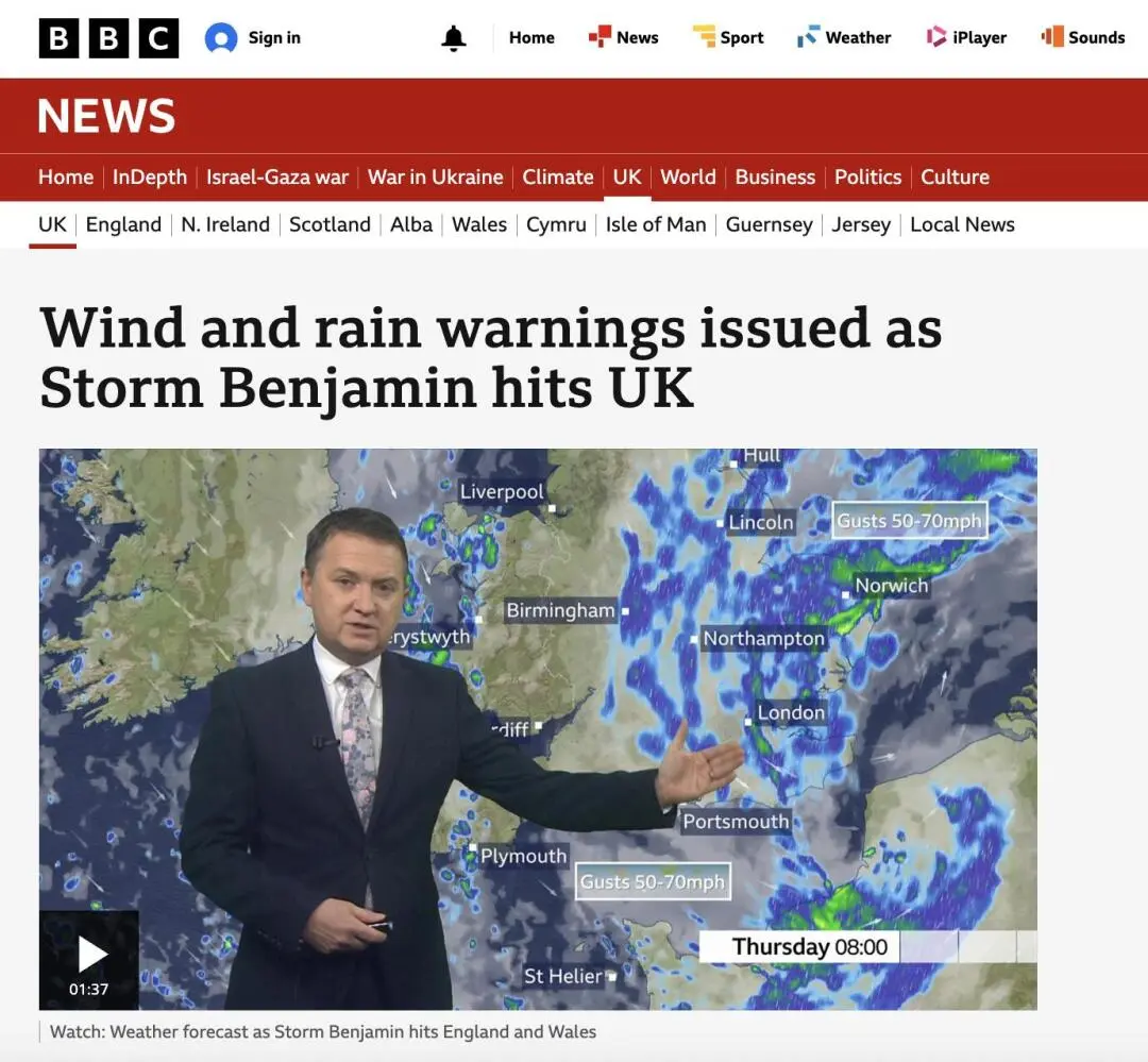 ⛈️风暴警告！本杰明登陆 英国黄色天气预警